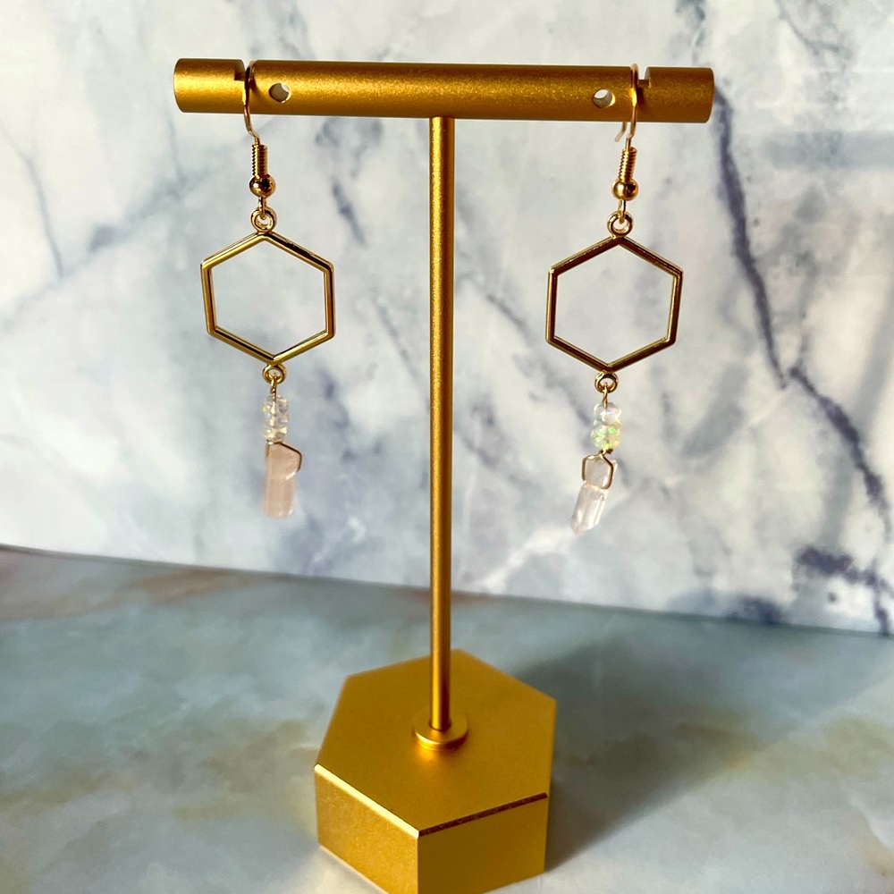 ODESZA Opal Inspired Earrings, geometric, real fire Opal and crystal quartz